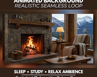 Animated Background – Cozy Luxury Mountain Retreat, Fireplace View, Full HD Seamless Loop Video for Streaming & VTuber