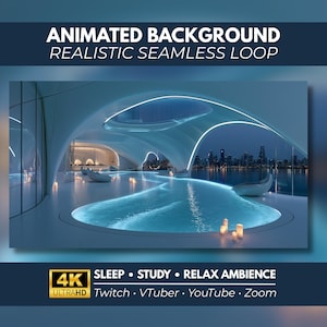 Op de afbeelding: Een geanimeerde achtergrond met een futuristisch binnenzwembad met witte gebogen architectuur, zachte blauwe verlichting en uitzicht op de stad. De tekst luidt: ANIMATED BACKGROUND REALISTIC SEAMLESS LOOP, 4K ULTRAHD SLEEP STUDY RELAX AMBIENCE Twitch VTuber YouTube Zoom.