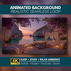 Puede incluir: Un fondo animado que muestra una escena de playa con acantilados blancos, flores moradas y una mesa de madera con cortinas blancas. El texto dice: ANIMATED BACKGROUND REALISTIC SEAMLESS LOOP, 4K ULTRAHD SLEEP STUDY RELAX AMBIENCE Twitch VTuber YouTube Zoom.