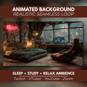 Peut inclure: Un arrière-plan numérique animé représentant une chambre avec un lit bas en bois, une couette vert foncé, une chaise de jeu rouge et un bureau avec un écran d'ordinateur. Un néon avec des caractères asiatiques surplombe la ville.