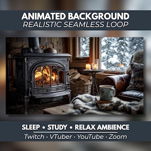 Puede incluir: Un fondo animado con una estufa de leña de hierro fundido negra con fuego, una cesta de mimbre con leña, un sillón de cuero y una ventana con vista a un bosque nevado. Texto: ANIMATED BACKGROUND REALISTIC SEAMLESS LOOP SLEEP STUDY RELAX AMBIENCE Twitch VTuber YouTube Zoom.