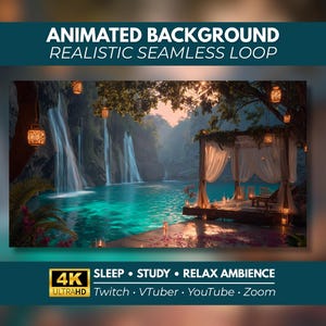 Animerad romantisk vikbakgrund i 4K, vattenfall och havsvågor i loop, tropisk solnedgångsscen, videobakgrund, Twitch Zoom VTuber-bakgrund