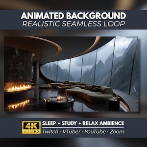 Puede incluir: Un fondo animado con un interior moderno, chimenea y sofá curvo frente a montañas lluviosas. Texto: ANIMATED BACKGROUND REALISTIC SEAMLESS LOOP, 4K ULTRAHD, SLEEP, STUDY, RELAX AMBIENCE, Twitch, VTuber, YouTube, Zoom.