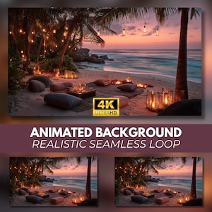 May include: A beach scene at sunset featuring palm trees, sand, and ocean waves. The area is decorated with floor cushions, a low wooden table, and numerous glowing lanterns hanging from trees and placed on the sand. Text reads 4K ULTRAHD.