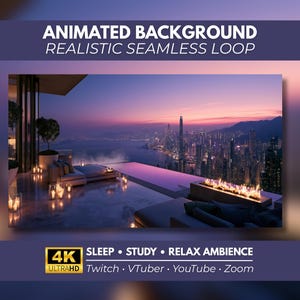 Puede incluir: Un fondo animado que muestra una terraza de lujo al atardecer con vistas a una ciudad y un puerto. La escena incluye una piscina infinita, una chimenea lineal y muebles de salón iluminados por velas. Texto: ANIMATED BACKGROUND REALISTIC SEAMLESS LOOP 4K ULTRAHD SLEEP STUDY RELAX AMBIENCE Twitch VTuber YouTube Zoom.