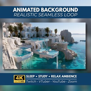 May include: An animated background featuring a 4K ultra-high-definition coastal resort with white architecture, palm trees, and infinity pools cascading into turquoise water. Text reads: ANIMATED BACKGROUND REALISTIC SEAMLESS LOOP, 4K ULTRAHD SLEEP STUDY RELAX AMBIENCE Twitch VTuber YouTube Zoom.