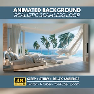 Puede incluir: Un fondo animado que muestra un dormitorio con cortinas blancas ondeando al viento, con vistas a una playa tropical con palmeras y el océano. El texto dice: ANIMATED BACKGROUND REALISTIC SEAMLESS LOOP, 4K ULTRAHD, SLEEP, STUDY, RELAX AMBIENCE, Twitch, VTuber, YouTube, Zoom.