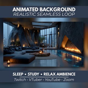 May include: An animated background featuring a modern living room with a large sectional sofa, a wooden coffee table, and a fireplace set into a dark stone wall. A pool of water reflects the firelight. Text reads: ANIMATED BACKGROUND REALISTIC SEAMLESS LOOP SLEEP STUDY RELAX AMBIENCE Twitch VTuber YouTube Zoom.