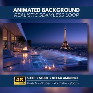 Fondo de pantalla animado, piscina infinita con vista al horizonte de París, vista de lujo desde la azotea, fondo animado relajante en 4K para YouTube, Twitch, streaming,