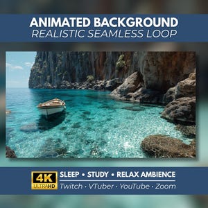 Pode incluir: Um fundo animado com um pequeno barco flutuando em água turquesa clara perto de um penhasco rochoso. O texto diz: ANIMATED BACKGROUND REALISTIC SEAMLESS LOOP, 4K ULTRAHD, SLEEP, STUDY, RELAX AMBIENCE, Twitch, VTuber, YouTube, Zoom.