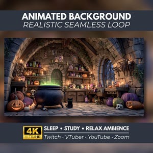 May include: An animated background featuring a stone room with a bubbling green cauldron, a black cat, and carved pumpkins. Text reads: ANIMATED BACKGROUND REALISTIC SEAMLESS LOOP and 4K ULTRAHD SLEEP STUDY RELAX AMBIENCE Twitch VTuber YouTube Zoom.