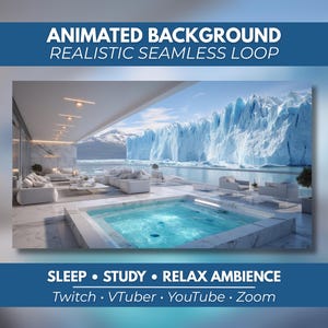 Könnte beinhalten: Ein animierter Hintergrund mit einer Luxusterrasse, einem quadratischen Whirlpool, weißen Loungemöbeln und Marmorboden. Der Blick reicht auf einen riesigen blauen Gletscher und schneebedeckte Berge. Text: ANIMATED BACKGROUND REALISTIC SEAMLESS LOOP SLEEP STUDY RELAX AMBIENCE Twitch VTuber YouTube Zoom.