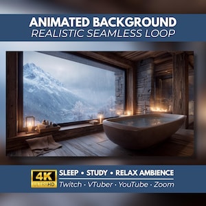 Sfondo animato, romantico bagno in montagna, vista su una spa alpina, rilassante sfondo animato 4K per YouTube, Twitch, streaming, MP4 UltraHD