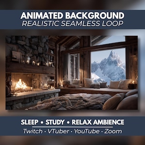 Op de afbeelding: Een geanimeerde achtergrond met een gezellig houten hutinterieur met een stenen open haard, een knapperend vuur en een groot raam met uitzicht op besneeuwde bergen. Tekst: ANIMATED BACKGROUND REALISTIC SEAMLESS LOOP, SLEEP • STUDY • RELAX AMBIENCE, Twitch • VTuber • YouTube • Zoom.