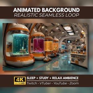 Puede incluir: Un fondo animado que muestra un laboratorio futurista con tanques cilíndricos naranjas y blancos que contienen líquidos brillantes de color turquesa, magenta y amarillo. El texto dice ANIMATED BACKGROUND REALISTIC SEAMLESS LOOP y 4K ULTRAHD SLEEP STUDY RELAX AMBIENCE Twitch VTuber YouTube Zoom.