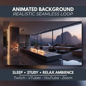 May include: An animated background featuring a modern living room with a linear fireplace, a large sectional sofa, and floor-to-ceiling windows overlooking mountains at sunset. Text reads: ANIMATED BACKGROUND REALISTIC SEAMLESS LOOP SLEEP STUDY RELAX AMBIENCE Twitch VTuber YouTube Zoom.