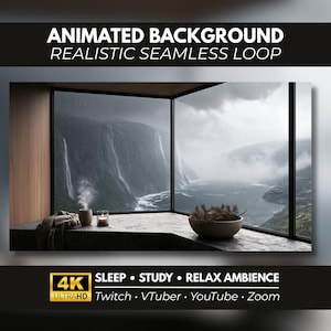 Puede incluir: Un fondo animado con un bucle realista y continuo de una vista de un fiordo lluvioso a través de una ventana. Texto: ANIMATED BACKGROUND REALISTIC SEAMLESS LOOP, 4K ULTRAHD SLEEP STUDY RELAX AMBIENCE, Twitch VTuber YouTube Zoom.