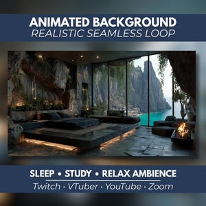Könnte beinhalten: Ein animierter Hintergrund mit einem Schlafzimmer in einer Felsenhöhle und einem großen Fenster mit Blick auf das Meer und Klippen. Der Text lautet: ANIMATED BACKGROUND REALISTIC SEAMLESS LOOP, SLEEP • STUDY • RELAX AMBIENCE, Twitch • VTuber • YouTube • Zoom.