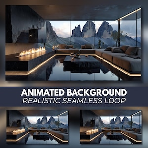 May include: An animated background featuring a modern living room with a long linear fireplace, a dark stone coffee table, and a large sectional sofa. Through floor-to-ceiling windows, jagged mountain peaks are visible. Text reads: ANIMATED BACKGROUND REALISTIC SEAMLESS LOOP.