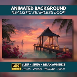 Può includere: Uno sfondo animato che mostra un molo tropicale con un gazebo al tramonto. Il testo recita: ANIMATED BACKGROUND REALISTIC SEAMLESS LOOP, 4K ULTRAHD, SLEEP, STUDY, RELAX AMBIENCE, Twitch, VTuber, YouTube, Zoom. Fiori rosa incorniciano la scena.