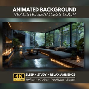 Geanimeerde achtergrond: Emerald Jungle Loft met ontspannende watervallus voor makers, 4K naadloze bewegingslus, Twitch Stream Zoom Vtuber