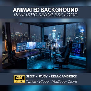 Puede incluir: Un fondo animado que muestra una habitación oscura con un escritorio, tres monitores y una silla de juego frente a una ciudad lluviosa de noche. El texto dice: ANIMATED BACKGROUND REALISTIC SEAMLESS LOOP, 4K ULTRAHD SLEEP STUDY RELAX AMBIENCE.