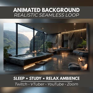 May include: An animated background featuring a stone bathtub in a room with floor-to-ceiling windows overlooking a river and mountains. The text reads: ANIMATED BACKGROUND REALISTIC SEAMLESS LOOP, SLEEP • STUDY • RELAX AMBIENCE, Twitch • VTuber • YouTube • Zoom.