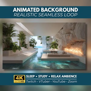 May include: An animated background featuring a realistic seamless loop of a modern indoor space with a pool, waterfall, and fireplace. Text reads: ANIMATED BACKGROUND REALISTIC SEAMLESS LOOP, 4K ULTRAHD, SLEEP, STUDY, RELAX AMBIENCE, Twitch, VTuber, YouTube, Zoom.