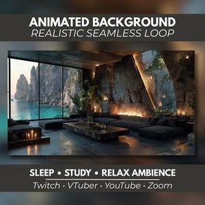 Sfondo animato – Accogliente e lussuosa stanza in grotta con camino, interni in pietra, video in loop continuo per Twitch e VTuber MP4