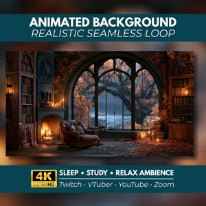 Puede incluir: Un fondo animado que muestra una biblioteca con una gran ventana arqueada, una chimenea con llamas naranjas, un sillón de cuero marrón y estanterías. Texto: ANIMATED BACKGROUND REALISTIC SEAMLESS LOOP, 4K ULTRAHD SLEEP STUDY RELAX AMBIENCE, Twitch, VTuber, YouTube, Zoom.