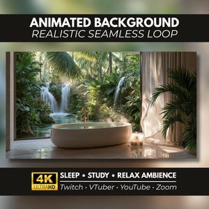 Puede incluir: Un fondo animado con un bucle continuo realista de una bañera ovalada blanca en una habitación con vistas a una exuberante selva tropical con cascadas. Texto: ANIMATED BACKGROUND REALISTIC SEAMLESS LOOP, 4K ULTRAHD SLEEP STUDY RELAX AMBIENCE, Twitch, VTuber, YouTube, Zoom.
