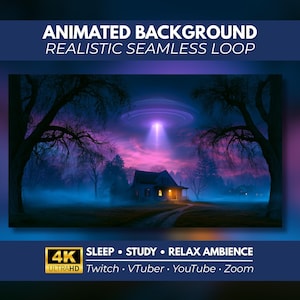 Peut inclure: Un arrière-plan animé montrant une maison la nuit sous un OVNI violet avec un faisceau lumineux. Texte : ANIMATED BACKGROUND REALISTIC SEAMLESS LOOP, 4K ULTRAHD SLEEP • STUDY • RELAX AMBIENCE, Twitch • VTuber • YouTube • Zoom.