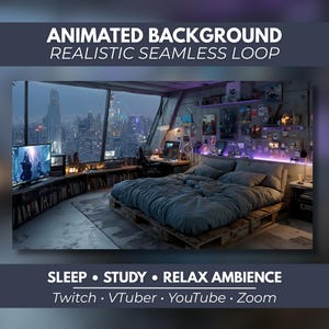 Könnte beinhalten: Ein animierter Hintergrund mit einem Schlafzimmer, einem Palettenbett, einem großen Fenster mit nächtlichem Stadtblick, einem Fernseher und Regalen. Der Text lautet: ANIMATED BACKGROUND REALISTIC SEAMLESS LOOP SLEEP STUDY RELAX AMBIENCE Twitch VTuber YouTube Zoom.