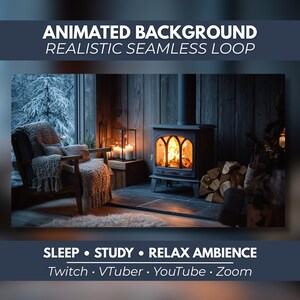Puede incluir: Un fondo animado con un bucle continuo realista de una estufa de leña con fuego brillante, una silla con una manta texturizada y velas. El texto dice: ANIMATED BACKGROUND REALISTIC SEAMLESS LOOP SLEEP STUDY RELAX AMBIENCE Twitch VTuber YouTube Zoom.