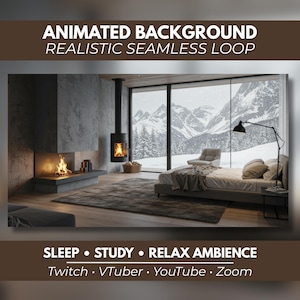 Könnte beinhalten: Ein animierter Hintergrund mit einem Schlafzimmer, einem Kamin und Blick auf verschneite Berge. Text: ANIMATED BACKGROUND REALISTIC SEAMLESS LOOP, SLEEP • STUDY • RELAX AMBIENCE, Twitch • VTuber • YouTube • Zoom. Der Raum enthält ein Bett, einen Teppich und eine Lampe.