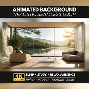 Pode incluir: Um fundo animado com um loop realista e contínuo de uma sala de estar com dois sofás bege, uma mesa de centro e janelas do chão ao teto com vista para um lago e floresta. O texto diz: ANIMATED BACKGROUND REALISTIC SEAMLESS LOOP 4K ULTRAHD SLEEP STUDY RELAX AMBIENCE Twitch VTuber YouTube Zoom.