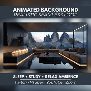May include: An animated background featuring a realistic seamless loop of a modern living room with a long fireplace, a low sofa, and a coffee table. Large windows reveal a mountain range. Text reads: ANIMATED BACKGROUND REALISTIC SEAMLESS LOOP SLEEP STUDY RELAX AMBIENCE Twitch VTuber YouTube Zoom.