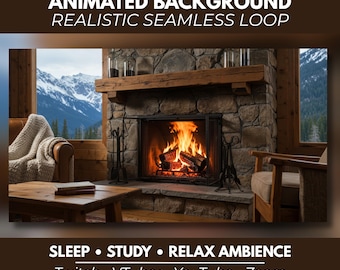 May include: An animated background featuring a stone fireplace with a burning fire, a wooden mantel, and windows showing snowy mountains. Text reads: ANIMATED BACKGROUND REALISTIC SEAMLESS LOOP, SLEEP • STUDY • RELAX AMBIENCE, Twitch • VTuber • YouTube • Zoom.