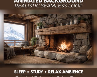 Könnte beinhalten: Ein animierter Hintergrund mit einem rustikalen Steinkamin mit brennendem Feuer, einem Holzkaminims und einem großen Fenster mit Blick auf schneebedeckte Berge. Text: ANIMATED BACKGROUND REALISTIC SEAMLESS LOOP, SLEEP • STUDY • RELAX AMBIENCE, Twitch • VTuber • YouTube • Zoom.