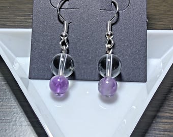 Amethyst & Clear Bead Dangle Earrings, Minimalist Purple Drop Earrings, Simple Handmade Jewelry, Lightweight Earrings, Gift for Her