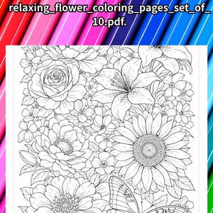 Relaxing Flower Coloring Pages Set of 10 – Printable Adult Coloring PDF