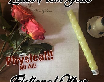 May include: A handwritten letter on white paper with the text "Dear y/n..." accompanied by two orange-red roses and a pale yellow spiral taper candle. The image includes the text "Letter From Your Physical!! NO AI!! Fictional Other."