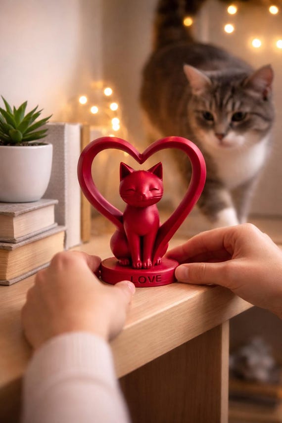 Katze im Herz Dekofigur LOVE – 3D-Druck Valentinstag Geschenk – romantische Tischdeko – Katzenfigur – 9,2 x 10,4 x 6,4 cm