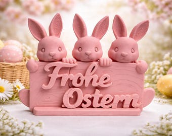 Easter Bunny Easter Decoration Stand – Table Decoration Sign | 3 Bunnies | Pink Modern Minimalist | Easter | 3D Printed