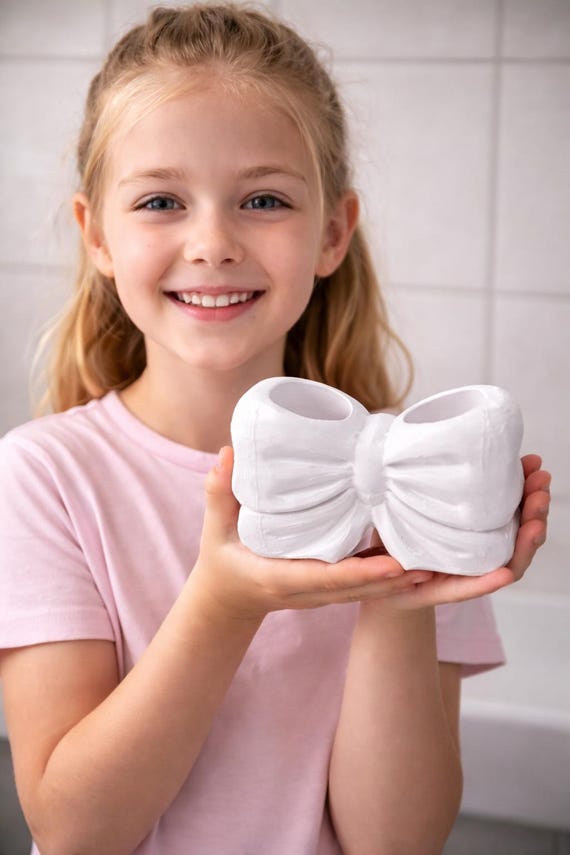 Toothbrush holder with bow design | Bathroom organizer | For 2-3 toothbrushes and XXL toothpaste | Modern & sturdy