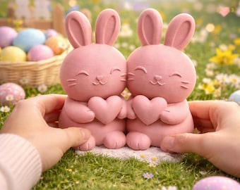 Easter Bunny Decorative Figurine – Pair of Bunnies with Heart in Pink | Easter Table Decoration | Valentine's Day Gift | Easter Gift