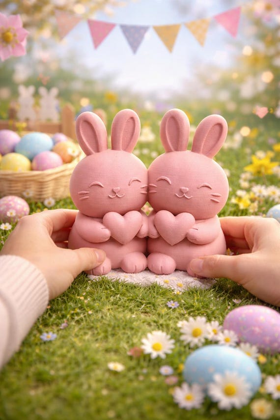 Hasenpaar mit Herz, 3D-gedruckt, Rosa, 7,5 × 7 cm