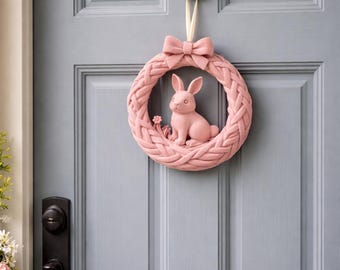 Easter wreath with rabbit, Easter door wreath, minimalist spring decoration, 3D print, pink, gift idea