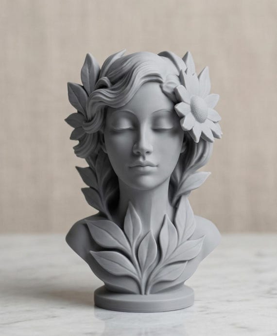 Decorative bust in grey PLA, floral 3D printed sculpture, 10-15 cm high