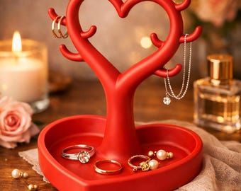 Valentine's Day Gift Jewelry Stand Heart Tree Pink – Jewelry Holder with Tray – Ring Holder Earring Holder – Modern Jewelry Storage